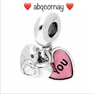 EUC Pandora 791244CZ Sterling Silver You & Me Heart Dangle Charm w/ Pink Enamel
